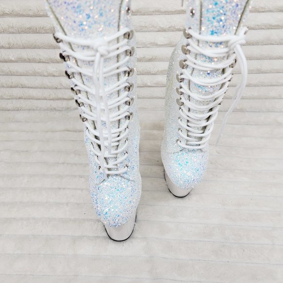 White Ice UV Glitter 8" Platform Heel Ankle Boots Flamingo - Picture 6 of 12